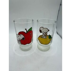 Vintage Snoopy Peanuts Fruit Juice Glasses Set of 2 Apple Lemon 1958 UFS 4 Inch